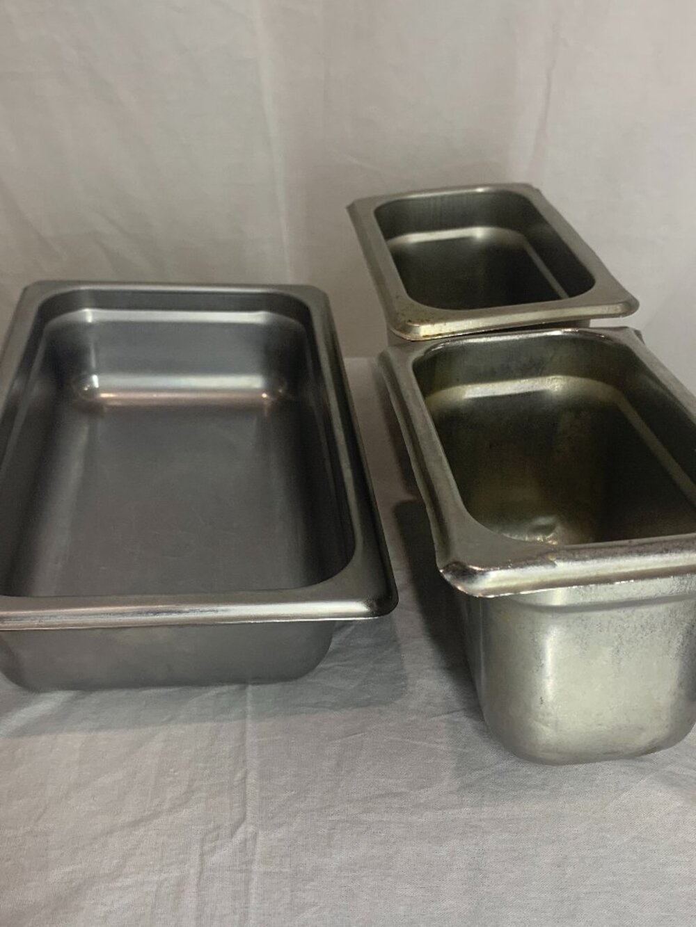Lot of 3 stainless steel hotel trays pans - (1) 1/3 Size & (2) 1/9